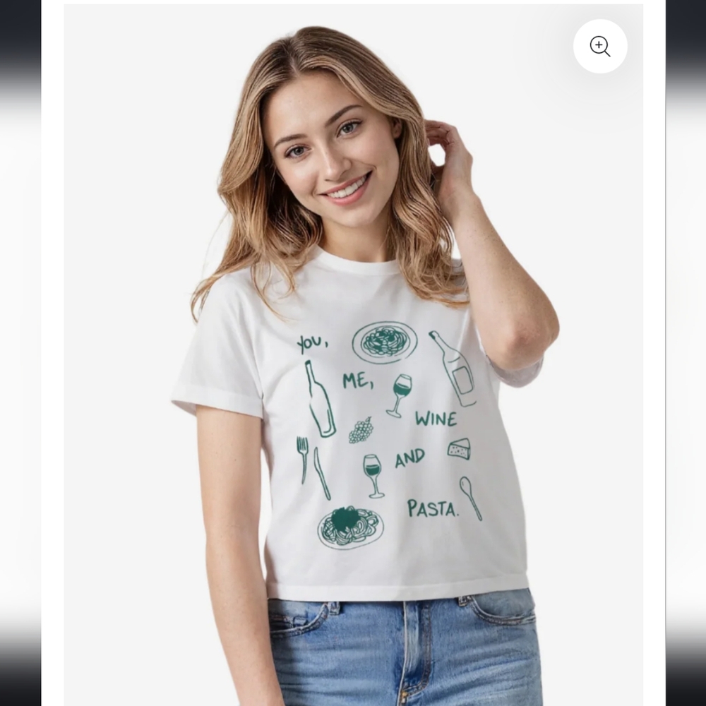 WILDFOX | Women's White/Green You Me Pasta Loose Fit Boxy Jamie Crop T-Shirt